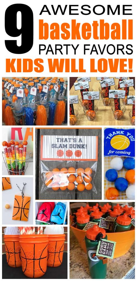 9 Basketball party favor ideas for kids. Fun basketball birthday party favors for children. Basketball Themed Party Favors, Basketball Theme Dessert Table, Basketball Party Favor Ideas, Basketball Party Snacks, Basketball Party Snack Ideas, Basketball Themed Snacks, Basketball Party Centerpieces, Basketball Snacks For Team, Basketball Graduation Party Ideas