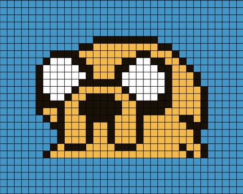 A pixel art template of Jake the dog's face from Adventure Time, the cartoon program or show. Jake Adventure Time Pixel Art, Adventure Time Granny Square, Adventure Time Tapestry Crochet, Adventure Time Grid Pattern, Adventure Time Perler Bead Patterns, Adventure Time Pixel Art Grid, Pixel Adventure Time, Adventure Time Alpha Pattern, Guitar Pixel Art