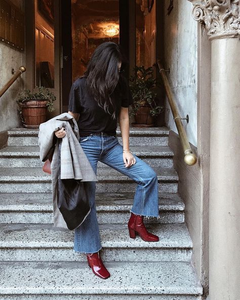 New fave booties (and yes I know I need a haircut 🙄) Outfits With Mid Calf Boots, Red Ankle Boots Outfit, Red Booties Outfit, Burgundy Boots Outfit, Red Leather Pants, Red Ankle Boots, Burgundy Boots Ankle, Reformation Jeans, Winter Boots Outfits