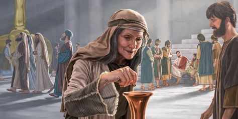 A poor widow makes a small contribution at the temple Luke 21, Biblical Artwork, Saint Luke, Bible Illustrations, Bible Images, Christian Images, Bible Characters, Christian Artwork, Bible Pictures