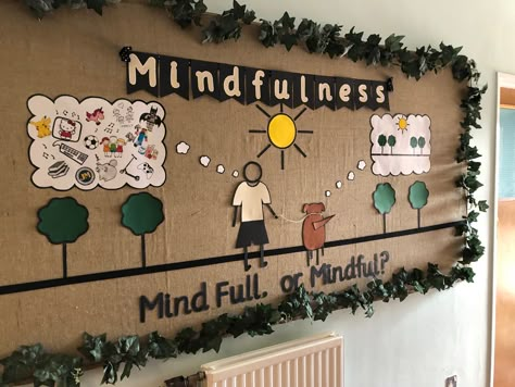 Mindfulness Display by Nickyjevon at Ledbury Primary School Counsellor Bulletin Board, Design Thinking Bulletin Board, Wellbeing Board Ideas, Psychology Board Ideas, Inclusive Classroom Setup, Mindfulness Display Classroom, Wellness Center Bulletin Board, Primary Displays Boards, Wellness Center School