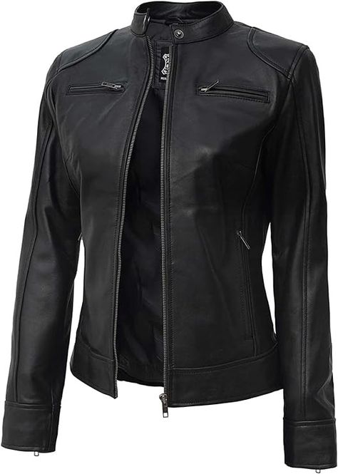 Decrum Leather Jackets For Women - Cafe Racer Style Casual And Trending Fashion Real Lambskin Womens Leather Jacket at Amazon Women's Coats Shop Black Leather Jacket Women, Womens Leather Jacket, Motorcycle Jacket Women, Leather Jacket Women, Cafe Racer Style, Womens Black Leather Jacket, Best Leather Jackets, Fashion Landscape, Lambskin Leather Jacket