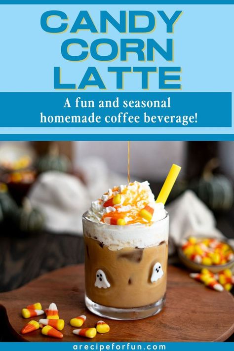 A candy corn latte is in a festive cup decorated with ghosts. The latte is topped with whipped cream and candy corn pieces. Homemade Latte, Fall Drink Recipes, Homemade Coffee, Coffee Syrup, Latte Recipe, Homemade Candies, Iced Latte, Halloween Coffee, Real Ingredients