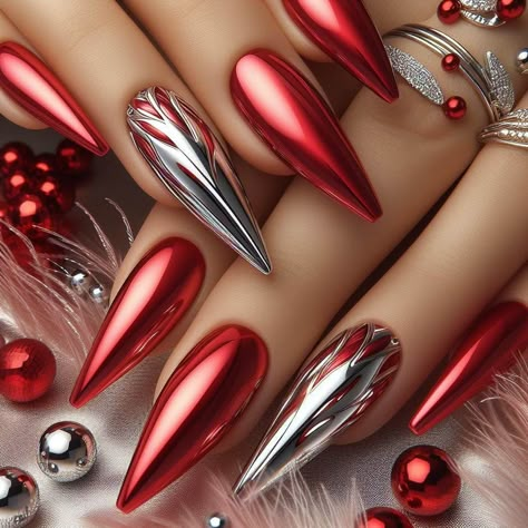 Nail Art With Chrome, Red Chrome Nails, New Year Nails, Elegant Touch Nails, Stilleto Nails Designs, Hd Motorcycles, Bright Red Nails, Summer Nail Ideas, Nails Art Designs