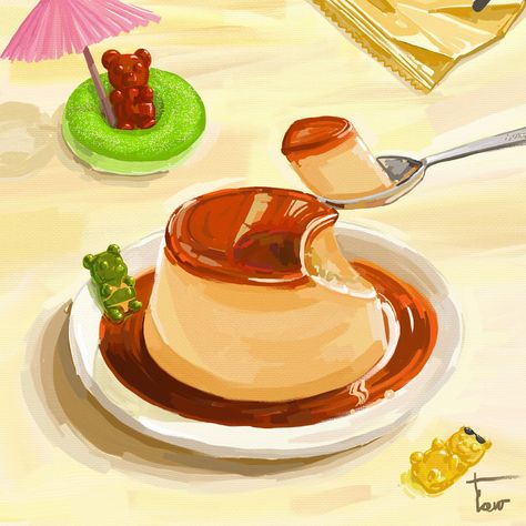 Japanese Pudding Drawing, Food Title Page, Pudding Painting, Pudding Drawing, Anime Pudding, Title Page Art, Pudding Aesthetic, Oil Painting Artists, Japanese Pudding