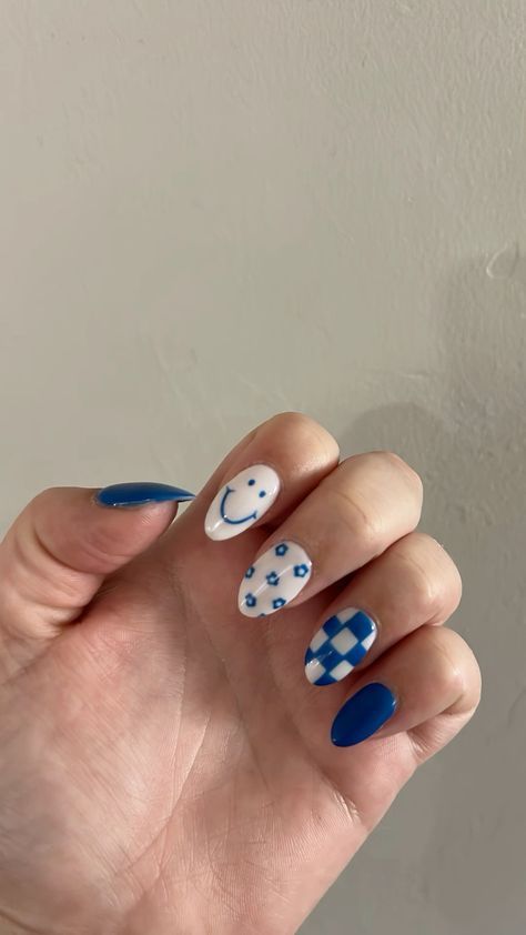 Blue Spring Nail Ideas, Blue Nails Nail Art, Blue Spring Nails, Stitch Merchandise, Checkered Nails, Cutest Clothes, Nails Summer Nails, Lace Nails, Manicure Gel