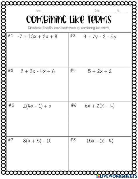 Combing Like Terms Math, Combining Like Terms Worksheet, Equations Worksheets, Exponent Worksheets, 2nd Grade Spelling, Combining Like Terms, Like Terms, Algebra Worksheets, Grade Spelling