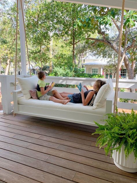 How To Build A Hanging Daybed | Young House Love Daybed Swings Outdoor Diy, Backyard Daybed, Daybed Plans, Diy Porch Swing Bed, Hanging Daybed, Porch Bed, Diy Porch Swing, Front Porch Swing, Daybed Cushion