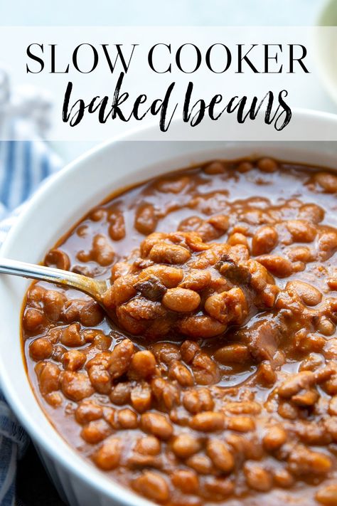 These slow cooker baked beans are made completely from scratch in the slow cooker and perfectly sweet and hearty. Bring these baked beans to any cookout and watch them be the star of the side dishes! Baked Bean Crockpot Recipes, Crock Pot Baked Beans Slow Cooker, Slow Cooker Baked Beans From Scratch, Crockpot Beans Slow Cooker, Crockpot Baked Beans From Scratch, Bbq Beans Crockpot, Baked Beans In Crockpot, Baked Beans Recipe From Scratch, Homemade Baked Beans From Scratch