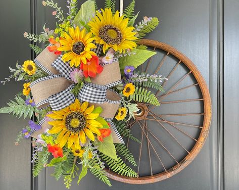 Bike Wheel Wreath, Bicycle Wheel Decor, Bicycle Wheel Wreath, Merry Christmas In Heaven, Wheel Wreath, Farmhouse Porch Decor, Ladybug Wreath, Wheel Craft, Summer Sunflower