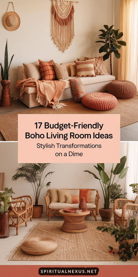 Transform your space with these 17 budget-friendly Boho living room ideas! From cozy rugs to eclectic decor, find affordable inspiration to make your living room feel chic and inviting. #BohoLivingRoom #BudgetFriendlyDecor #HomeInspiration Modern Minimal Boho Living Room, Boho Living Room Terracotta, Apartment Boho Aesthetic, Boho Terracotta Living Room, Boho Couches Living Room, Minimalistic Boho Living Room, Minimalist Boho Apartment, Rustic Boho Living Room Decor, Boho Minimalist Living Room