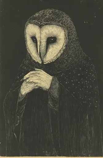 ↑↑↑ Larger size on website 🔸 A black and white illustration of an owl with its head tilted down, partially obscured by a large, d Head Tilted Down, Dark Owl Tattoo, Owl Library, Lilith In Pisces, Owls Aesthetic, Owl Monster, Emil Melmoth, Owl Drawing Reference, Evil Owl