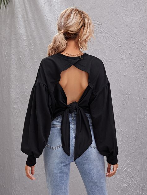 Drop Shoulder Open Back Knotted Pullover Shirt With Back Open, Open Back Jumper, Open Back Sweater Outfit, Sweater Backless, Open Back Tshirt, Backless Sweater Open Backs, Shomiz Blouses, Backless Top Outfit, Backless Outfit