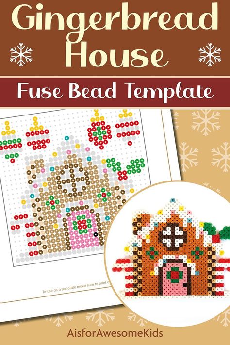 Christmas Gingerbread House with Baubles, Holly and Candy Canes. Printable PDF template with a Christmassy themed design to make out of fuse beads (Hama/Perler/Nabbi beads). Sized perfectly to fit under a square peg board so that the design can be made by working on top of the template. Perfect for a Christmas craft activity or to give as a gift. Hama Beads Christmas, Gift Tutorial, Melt Beads, Gingerbread House Patterns, 3d Beading, Christmas Perler Beads, Kids Printables, Perler Bead Templates, Template Christmas