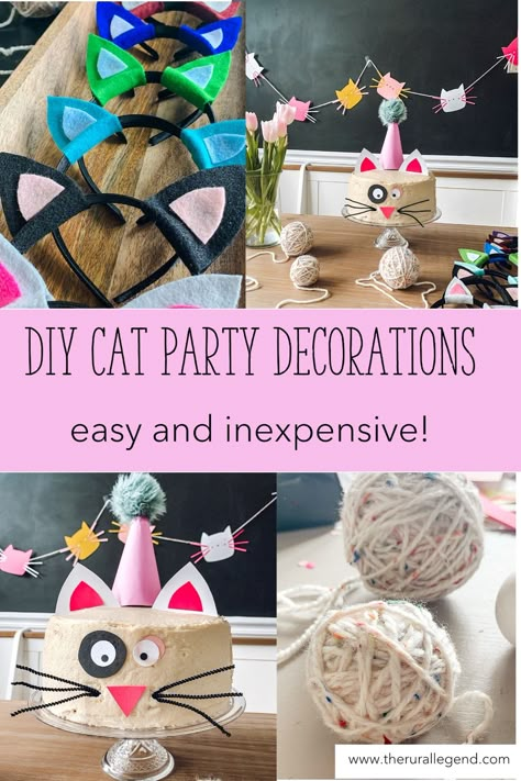 cat party, cat birthday party, cat party decorations, cat cake, cat garland, cat ear headband, farmhouse decor, farmhouse style, party themes for kids, party themes for girls, party themes for boys Cat Birthday Party Decorations Diy, Cat Theme Decorations, Diy Cat Party Favors, Cat Birthday Decorations Diy, Cat Birthday Theme Decoration, Kitty Themed Birthday Party Decoration, Cat Themed Party Favors, Diy Cat Themed Birthday Party, Pet Cat Birthday Party Ideas