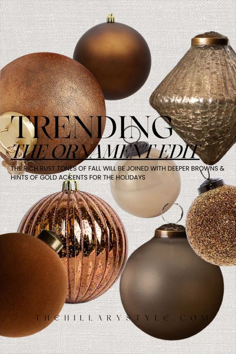 Martha Stewart Christmas Ornaments, Brown Ornaments On Tree, Transitional Christmas Tree Ideas, Copper Ribbon Christmas Tree, Amber Ornaments Christmas Tree, Christmas Tree Brown Ornaments, Mocha Christmas Tree, Black And Bronze Christmas Tree, Neutral Ornaments Christmas Tree