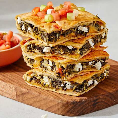 Sheet Pan Spanakopita Quesadillas Quesadilla Fillings, Greek Lemon Potatoes, Vegetarian Recipes Dinner Healthy, Lemon Potatoes, Quesadilla Recipes, Chicken Cordon Bleu, Monterey Jack, Vegetarian Dinners, Vegetarian Recipes Dinner