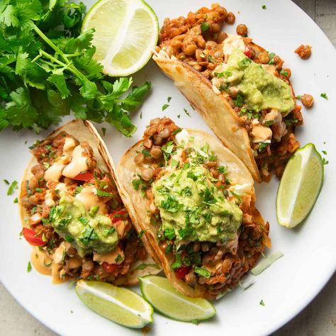 Easy Lentil Tacos Lentil Taco Meat, Chicken Lentil, Canned Lentils, Lentil Tacos, Mediterranean Spices, Vegan Lentil, Mini Tacos, Vegan Meat, Meatless Recipes