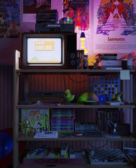 ArtStation - NOSTALGIC BEDROOM, Ângelo Fernandes Vcr Tv Aesthetic, 90s Gaming Room, 90s Nostalgic Aesthetic, 90s Retro Bedroom, Childhood Bedroom Aesthetic, Nostalgic Bedroom Aesthetic, 80s Grunge Room, Vhs Tv Aesthetic, 80s Neon Bedroom