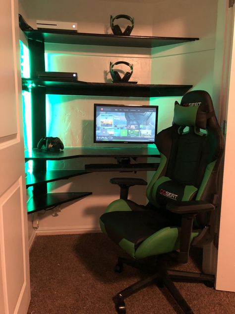 Gaming  desk built inside of my closet. Shut the doors and the kids won’t mess with anything! Gaming Desk In Closet Ideas, Gaming Desk With Inbuilt Refrigerator, Gamer Closet, Gaming Nook Small Spaces, Built In Gaming Desk, Closet Into Gaming Desk, Gaming Closet Ideas, Closet Game Room Ideas, Secret Lab Gaming Desk