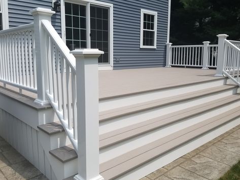 Azek Decking Ideas, Vinyl Decking, Deck Colors Ideas Paint White House, Deck Colors For Blue House, White House With Trex Deck, Composite Deck Colors For Tan House, Trex Deck Ideas White Railings, Wood Deck Patio, Trex Deck Colors