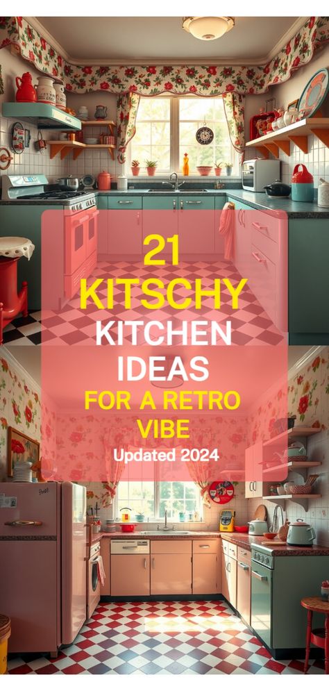 kitschy kitchen inspo Retro Kitchen Ideas Vintage, Colorful Appliances, Kitschy Kitchen Decor, Vintage Modern Kitchen, Retro Glassware, Kitsch Decor, Kitchen Retro, Farmhouse Style Table, Cute Halloween Nails