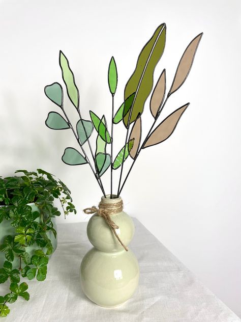 Twigs In Vase, Stained Glass Plants, Stained Glass Leaves, Stained Glass Vase, Glass Bouquet, Everlasting Bouquet, Tiffany Glass Art, Stained Glass Gifts, Long Stem Flowers