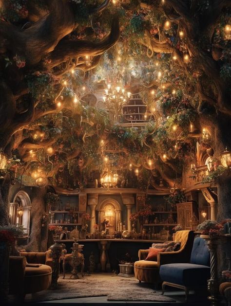 Treehouse Cottage, Witch House Interior, Magic Room, Art Witch, Magic Witch, Dream Library, Fantasy Rooms, Fantasy Homes, Fantasy House