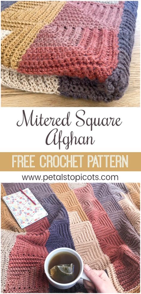 The Continuous Mitered Square Crochet Afghan Pattern has the charm of patchwork squares but is worked continuously so there is no fastening off after each square leaving you with a zillion ends to weave in ... yay! And the self striping yarn does all the colorwork for you so you can just sit back and stitch. #petalstopicots Mitered Square Crochet, Wearable Crochet, Crochet Characters, Self Striping Yarn, Broom Stick, Motifs Granny Square, Pokemon Crochet, Patchwork Squares, Mitered Square