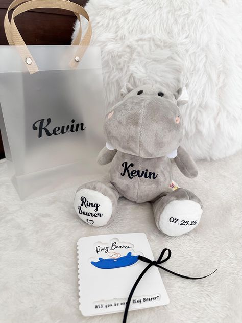 Gift For Ring Bearer, Gifts For Flower Girl, Hippo Stuffed Animal, Ring Bearer Card, Animal Wedding, Ring Bearer Proposal, Grooms Gift, Ring Bearer Gift, Custom Stuffed Animal