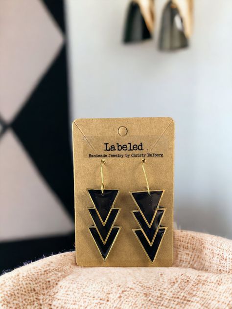 Artistic Black Dangle Earrings, Black And Gold Polymer Clay Earrings, Trendy Black Geometric Earrings, Black And Gold Resin Earrings, Black Triangle Earrings, Handmade Jewelry Earrings, Classic Earrings, Cotton Ball, Black Earrings