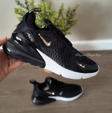 Womens Nike Air Max 270 Sneakers Shoes made with Rose Gold Swarovski Crystals Womens Nike Air Max 270, Bling Nike Shoes, Swarovski Nike, Womens Nike Air Max, 270 Nike, Black And White Sneakers, Cute Nike Shoes, Shoes Air, Swarovski Stones