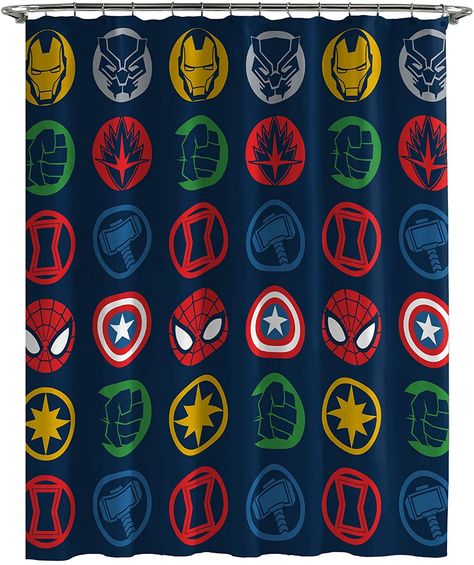 Avengers Bathroom, Marvel Bathroom, Disney Shower Curtain, Avengers Symbols, Avengers Shield, Kids Bathroom Accessories, Bath Curtain, Shower Hooks, Boys Bathroom