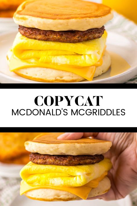 Copycat McDonald's McGriddles Why hit the drive-thru when you can make your own Copycat McDonald’s McGriddles at home? These tasty breakfast sandwiches feature maple syrup-infused pancakes as buns, with savory sausage, fluffy eggs, and melty American cheese in between. Not only are they super easy to make, but they’re also budget-friendly—and you get to enjoy them whenever you want! Mcgriddle Recipe, Mcdonalds Copycat Recipes, Simply Stacie, Mcdonalds Breakfast, Casserole Side Dishes, Diner Food, Eggs And Cheese, Main Dish Casseroles, Fluffy Eggs