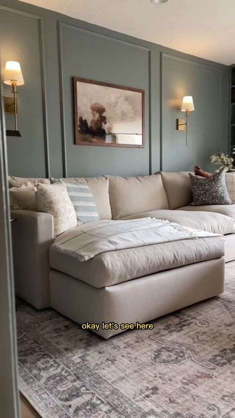 Paneled Living Room Makeover, Kismet House Living Room, Kristen Mcgowan Living Room, Accent Walls Behind Couch, Family Tv Room Ideas Cozy Living, Living Room Molding Wall, Kristen Mcgowan Decor, Picture Frame Molding Living Room, Tv Den Room Ideas