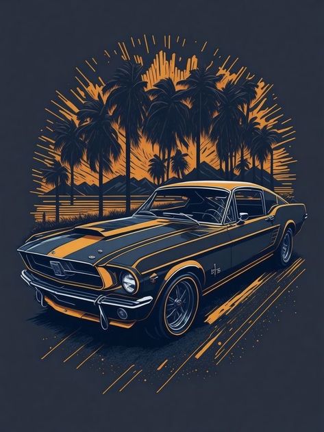 Vibrant Design Graphics, Cool Car Posters, Car Artwork Wallpaper, Vintage Cars Aesthetic, Retro Cars Vintage, Mustang Artwork, Car Vector Art, Retro Car Art, Car Graphic Design