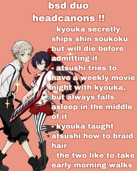 im pretty sure the last one is something that they actually do (such was said in the bsd official guidebook) Bsd Kyouka, Bsd Headcannons, Bsd Headcanons, Empty Book, Head Cannons, Therapy Dogs, Bongou Stray Dogs, Stray Dogs Anime, Fb Memes