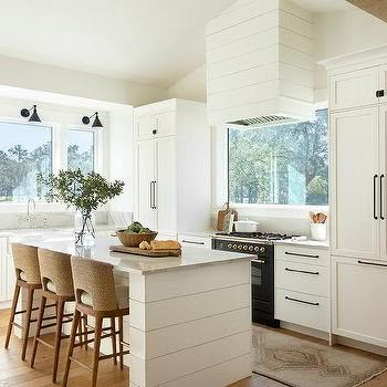 Window Behind Stove, Stove In Front Of Window, Stove Window, Flooring Layout, White Cottage Kitchen, White Kitchen Counters, Valley Kitchen, White Shiplap Wall, Picture Window