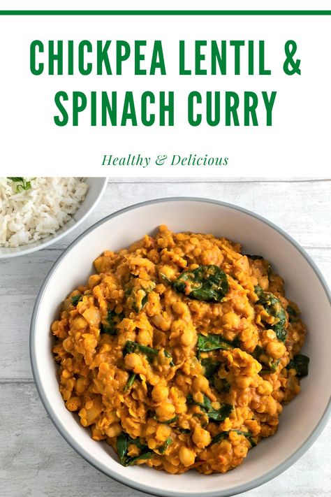 chickpea and lentil curry with spianch in a bowl Chickpea Dahl Recipe, Lentil And Chickpea Curry, Chickpea And Lentil Recipes, Lentil Chickpea Curry, Chickpea Dahl, Indian Dahl, Lentil Vegan, Lentil And Chickpea, Chickpea Lentil