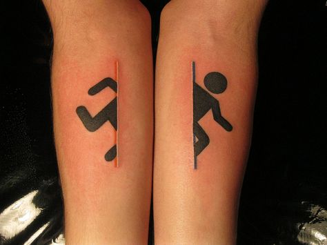 portal tattoo Logic Tattoo Ideas, Portal Tattoo, Video Game Tattoos, Nerdy Tattoos, Best Tattoo Ever, Aperture Science, Nerd Tattoo, Gaming Tattoo, Bad Tattoos