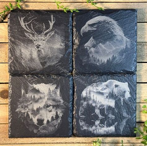 Laser Cut Christmas Ideas Slate Engraving Ideas, Engraved Slate Coasters, Slate Coasters Ideas, Laser Engraving Ideas Metal, Stone Engraving Design, Laser Cut Projects Ideas, Laser Cut Christmas Decorations, Wilderness Animals, Laser Cut Christmas Ornaments