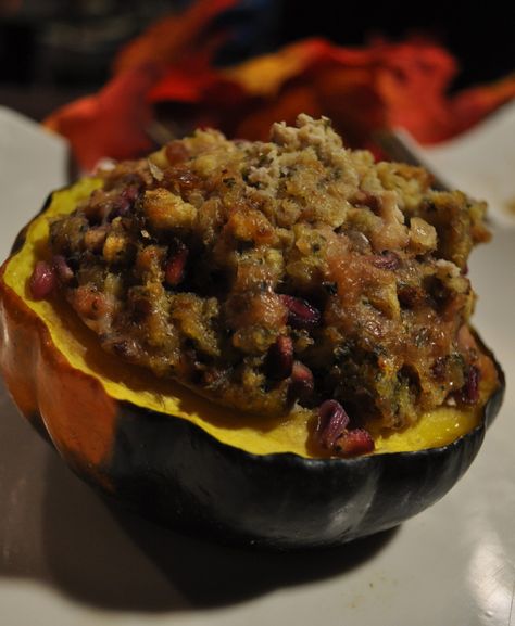 Chicken Stuffed Squash Chicken Stuffed Squash, Chestnut Stuffing, Stuffed Squash, Stuffed Acorn Squash, Acorn Squash Recipes, Chicken Stuffed, Holiday Menus, Acorn Squash, Cooking For Two