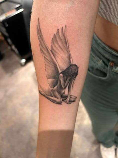 Angel On Knees Tattoo, Angel Flying Up Tattoo, Lost Angel Tattoo, Female Fallen Angel Tattoo, Pretty Angel Tattoo, Angel On Moon Tattoo, Sick Arm Tattoos, Dark Creepy Tattoos, Wing Ridden Angel Tattoo