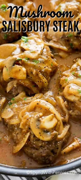 Salisbury Steak is one of our favorite comfort foods! Tender beef patties smothered in a rich onion and mushroom gravy, this one-pan Salisbury steak dish is super easy to make and loaded with flavor! #spendwithpennies #easyrecipe #salisburysteak #weeknightmeal #quickdinner #groundbeef #withgravy #onepan #simpledinner #comfortfood Onion And Mushroom Gravy, Housewife Recipes, Homemade Salisbury Steak, January Recipes, Lunch Meals, Steak Dishes, Salisbury Steak Recipes, 30 Min Meals, Butter Steak