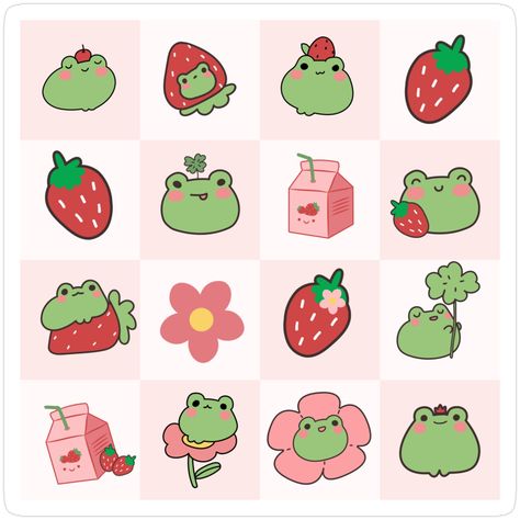 Decorate laptops, Hydro Flasks, cars and more with removable kiss-cut, vinyl decal stickers. Glossy, matte, and transparent options in various sizes. Super durable and water-resistant. This design is composed of cute cartoon frogs, flowers, strawberries and strawberries milk. This is a perfect gift for girls, ladies and frog lovers. Cute Japanese Drawings, Kawaii Objects, Cute Food Stickers, Kawaii Sticker Sheet, Cartoon Frogs, Strawberry Frog, Spring Stickers, Kawaii Strawberry, Strawberry Hearts