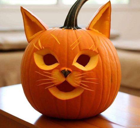 Pumpkin Carving Cat, Cat Pumpkin Carving, Unique Pumpkin Carving Ideas, Veselý Halloween, Läskig Halloween, Cute Pumpkin Carving, Halloween Pumpkin Carving Stencils, Creative Pumpkin Carving, Halloween Fest