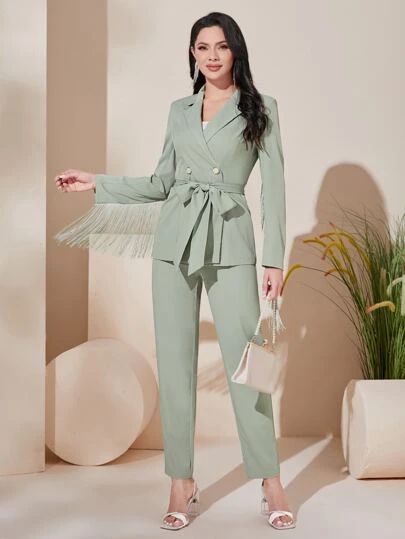 Single Button Blazer & Pants | SHEIN USA Blazer Pants Set, Belted Blazer, Single Button Blazer, Fringe Trim, Men's Beauty, Suits For Women, Women Clothing, Mint Green, Pants Set