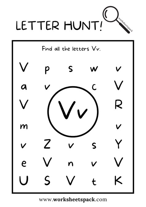 Find the Letter V Worksheet, Alphabet V Hunt Activity Free Printable for Kids - Printable and Online Worksheets Pack Preschool Letter V Worksheets, Letter Vv Activities For Preschool, Letter H Activities For Preschool Crafts, V Worksheets Preschool, Preschool Letter V Activities, Letter V Activities For Toddlers, Letter V Crafts For Preschoolers, V Activities For Preschool, Letter V Activities For Preschool