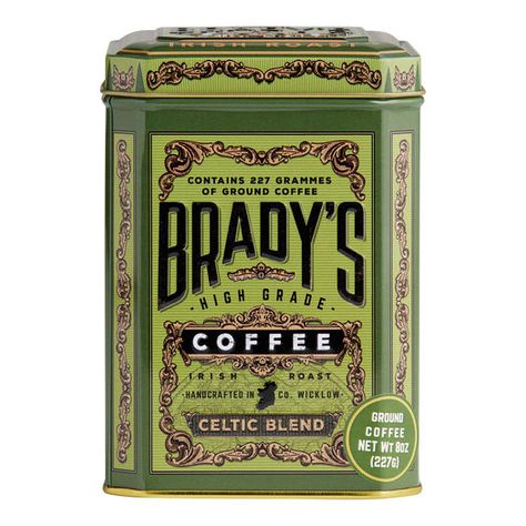 Brady's Celtic Blend Ground Coffee Tin by World Market Chocolate Branding, Antique Tins, Warm Kitchen, Coffee World, Coffee Tin, Rustic Kitchen Design, Chocolate Brands, Bread Box, Irish Coffee