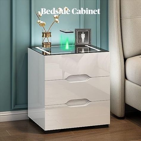 Jehiatek White Bedside Table with Wireless Charging & USB Charging Station Bedside Table Organization, Led Bedside Table, Table Organizer, Nightstand Organization, Wireless Charging Station, End Tables With Drawers, Tempered Glass Table Top, White Bedside Table, Usb Charging Station